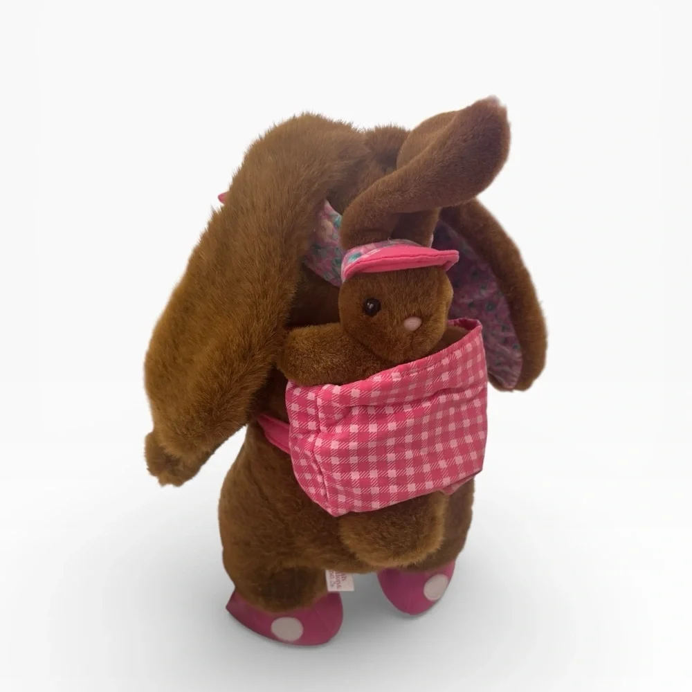 Vintage 1993 Plush Creations Brown Mama Bunny/Baby Backpack & Visor